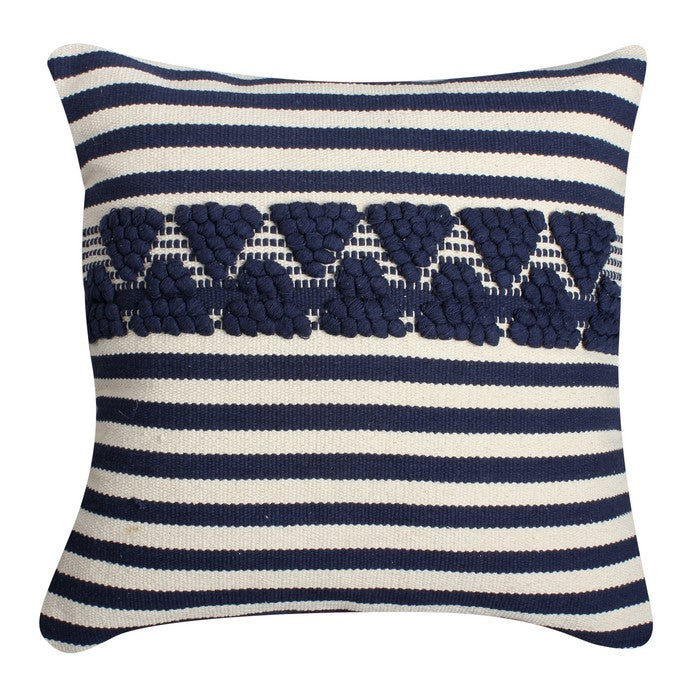 18 x 18 Textured Cotton Accent Pillow with Stripe Print, White and Blue
