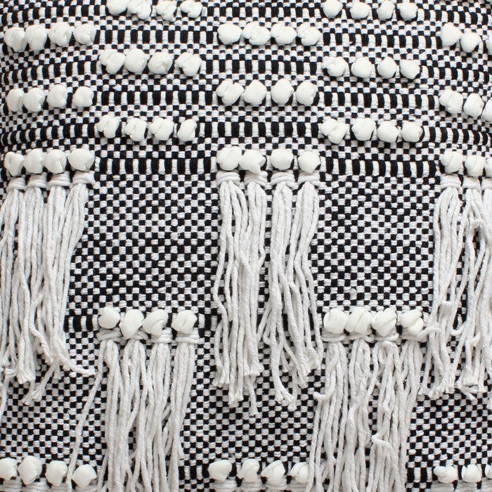 18 x 18 Textured Cotton Accent Pillow with Fringe Details, White and Black