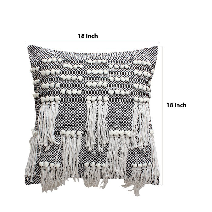 18 x 18 Textured Cotton Accent Pillow with Fringe Details, White and Black