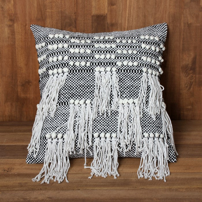 18 x 18 Textured Cotton Accent Pillow with Fringe Details, White and Black