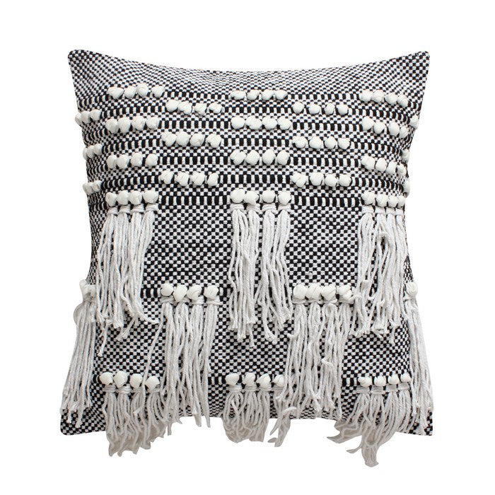 18 x 18 Textured Cotton Accent Pillow with Fringe Details, White and Black