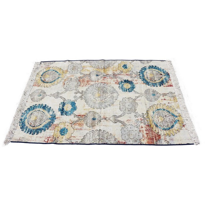 Cotton Dhurrie Rug with Fringes and Scrolled Floral Print, Multicolor