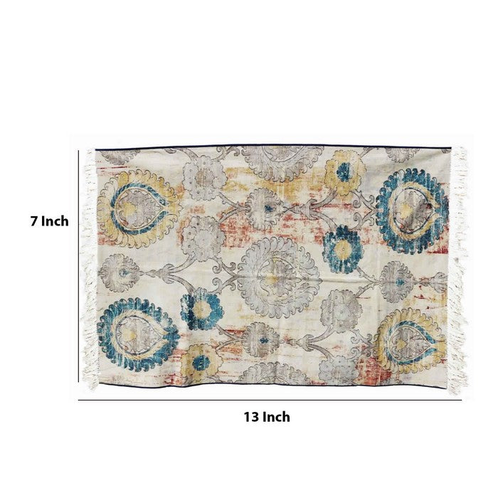 Cotton Dhurrie Rug with Fringes and Scrolled Floral Print, Multicolor