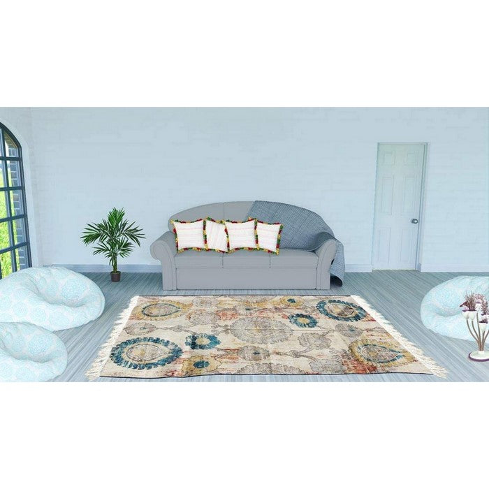 Cotton Dhurrie Rug with Fringes and Scrolled Floral Print, Multicolor