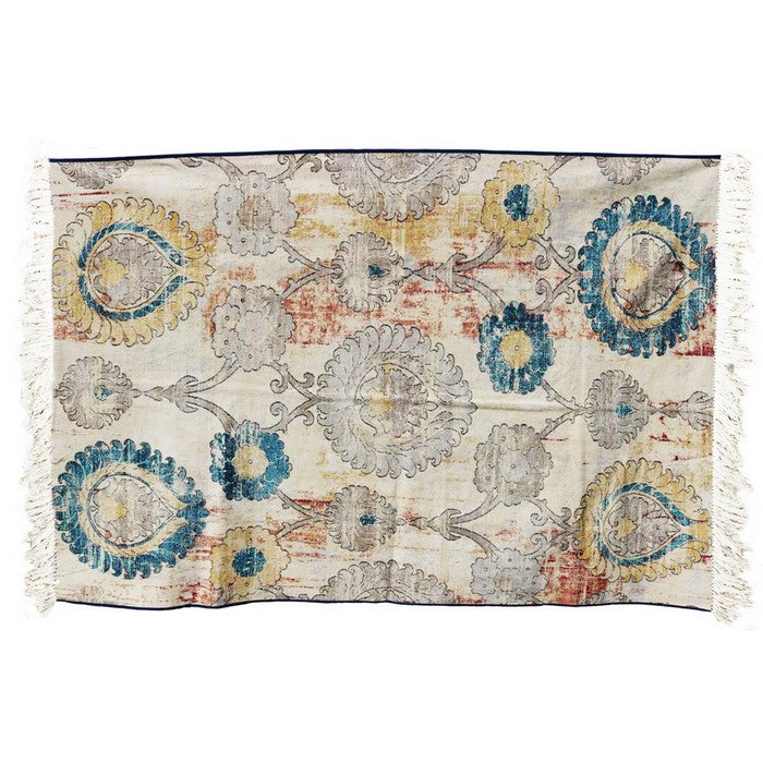 Cotton Dhurrie Rug with Fringes and Scrolled Floral Print, Multicolor