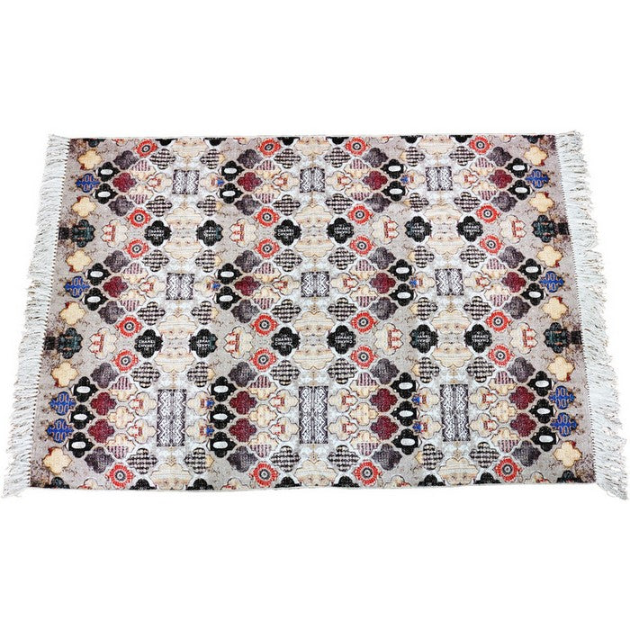 Cotton Dhurrie Rug with Fringes and Quatrefoil Pattern, Multicolor