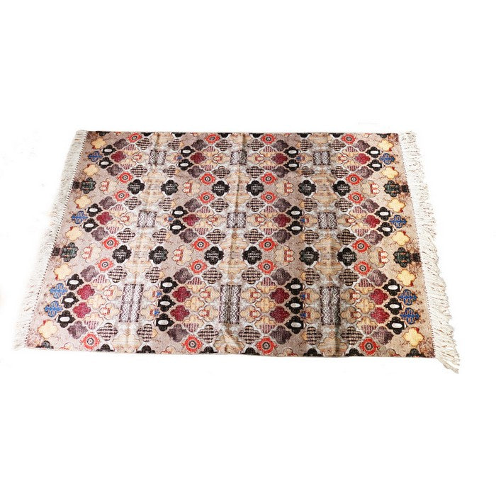 Cotton Dhurrie Rug with Fringes and Quatrefoil Pattern, Multicolor