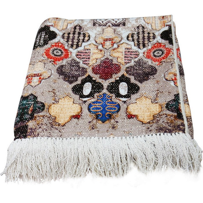 Cotton Dhurrie Rug with Fringes and Quatrefoil Pattern, Multicolor