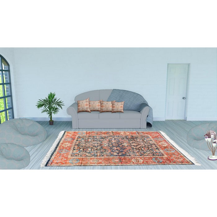 Handwoven Cotton Dhurrie Rug with Fringes and Persian Prints, Multicolor