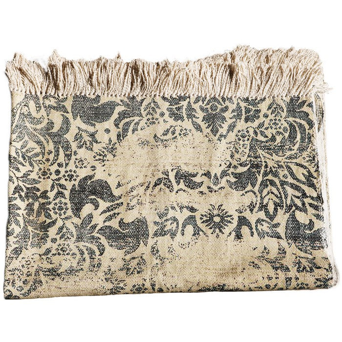 Handwoven Cotton Dhurrie Rug with Fringes and Filigree Pattern, Gray