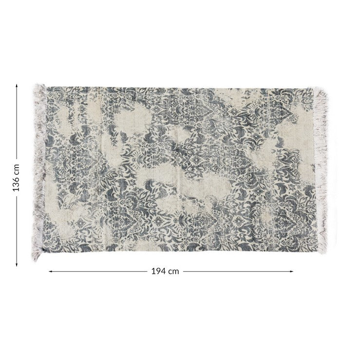 Handwoven Cotton Dhurrie Rug with Fringes and Filigree Pattern, Gray