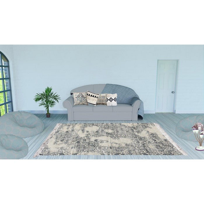 Handwoven Cotton Dhurrie Rug with Fringes and Filigree Pattern, Gray