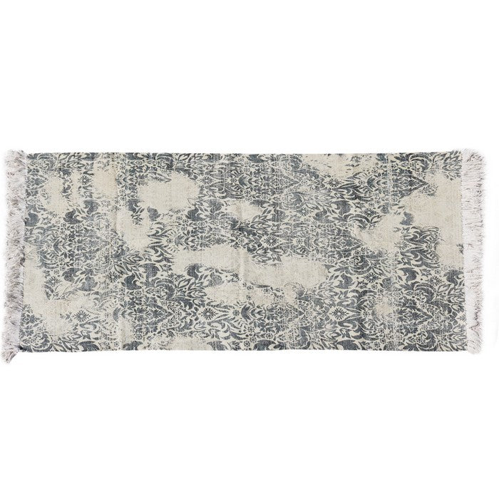 Handwoven Cotton Dhurrie Rug with Fringes and Filigree Pattern, Gray