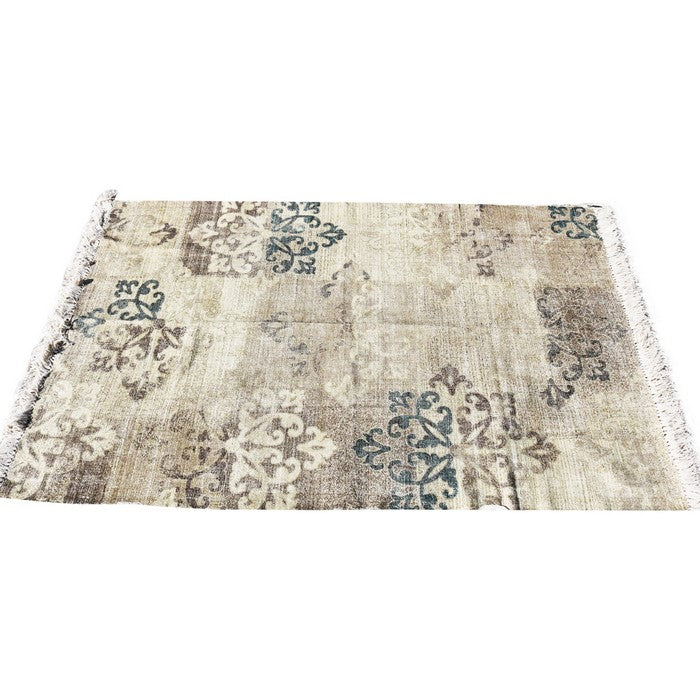 Handwoven Cotton Dhurrie Rug with Fringes and Damask Prints, Gray and Beige