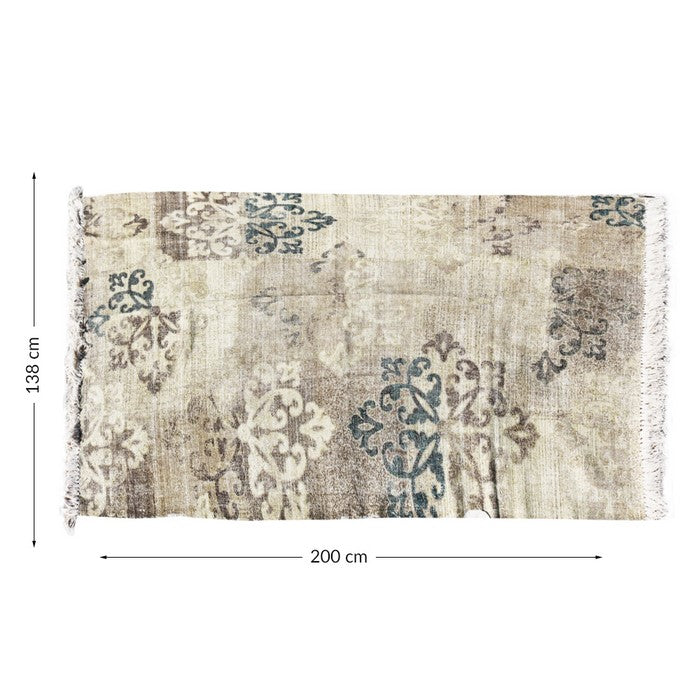 Handwoven Cotton Dhurrie Rug with Fringes and Damask Prints, Gray and Beige