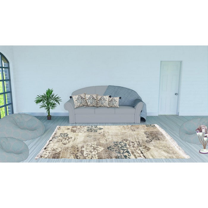 Handwoven Cotton Dhurrie Rug with Fringes and Damask Prints, Gray and Beige