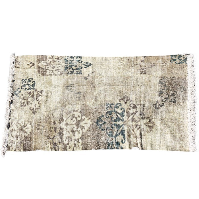 Handwoven Cotton Dhurrie Rug with Fringes and Damask Prints, Gray and Beige