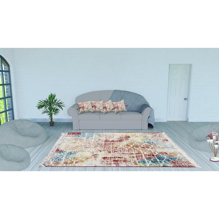 Handwoven Cotton Dhurrie Rug with Fringes and Quatrefoil Pattern,Multicolor