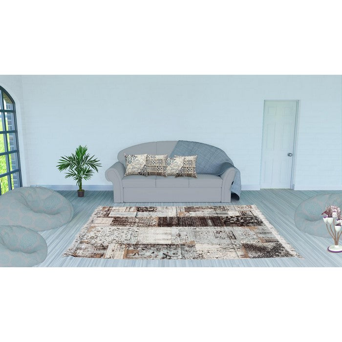 Cotton Dhurrie Rug with Fringes and Abstract pattern, Gray and Black