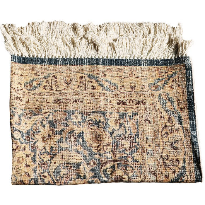 Cotton Dhurrie Rug with Fringes and Persian Prints, Gray and Beige
