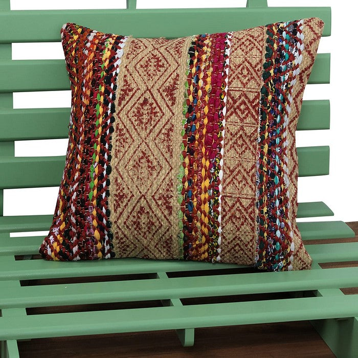 20 x 20 Handwoven Jute Accent Pillow with Block Print, Brown and Red