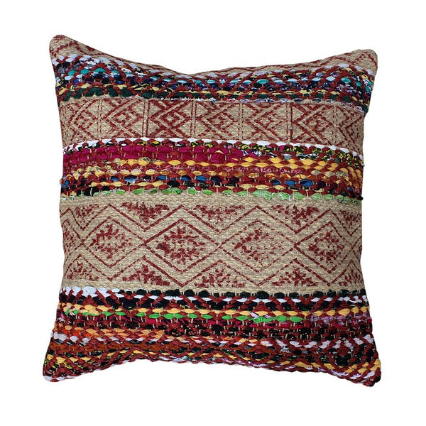 20 x 20 Handwoven Jute Accent Pillow with Block Print, Brown and Red