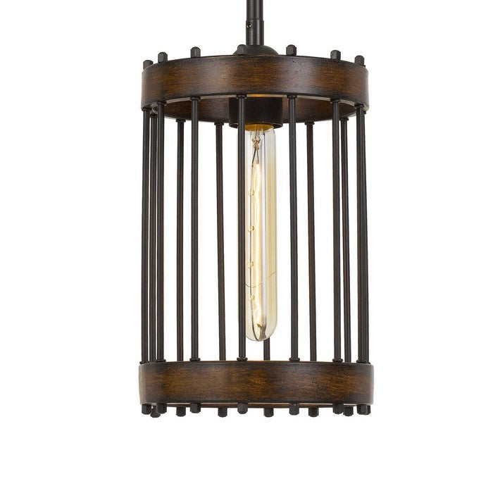 Caged Cylinder Design Metal Pendant Fixture with Canopy, Black and Brown