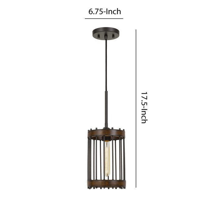 Caged Cylinder Design Metal Pendant Fixture with Canopy, Black and Brown