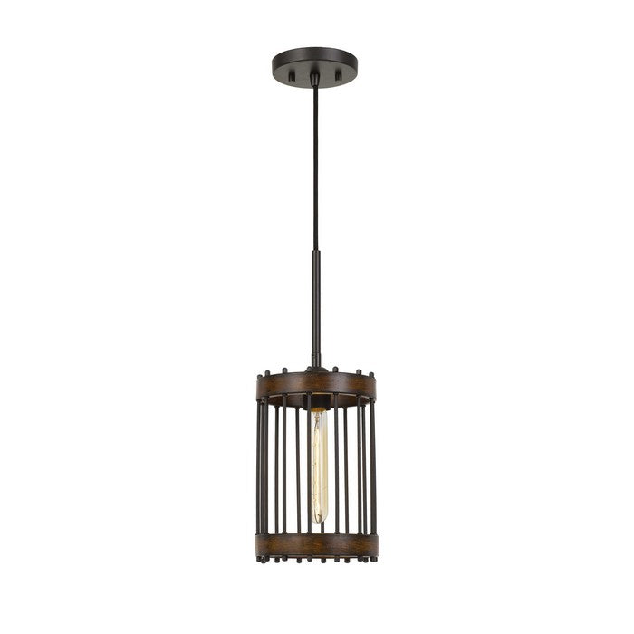 Caged Cylinder Design Metal Pendant Fixture with Canopy, Black and Brown