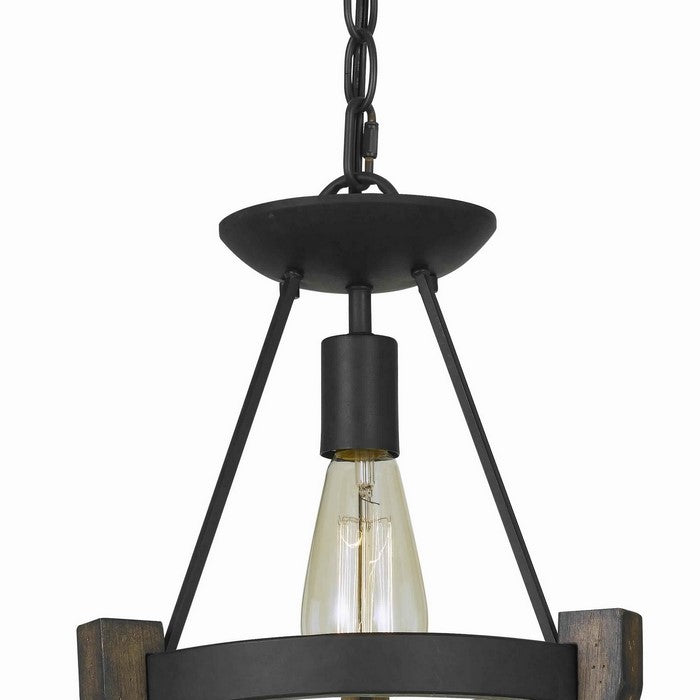 Triangular Metal Frame Pendant with Wooden Accent and Chain, Black