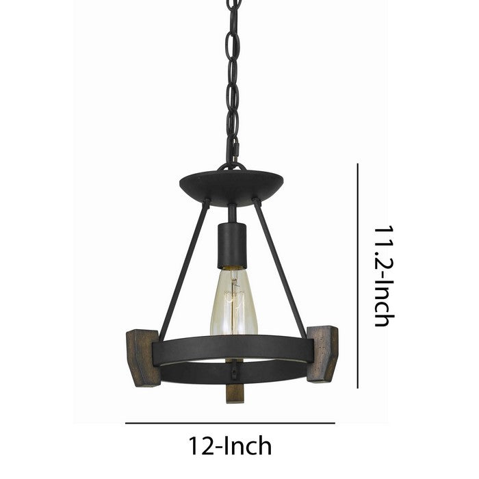 Triangular Metal Frame Pendant with Wooden Accent and Chain, Black