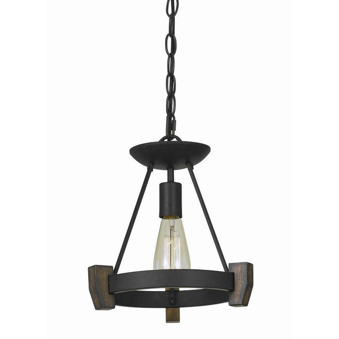 Triangular Metal Frame Pendant with Wooden Accent and Chain, Black