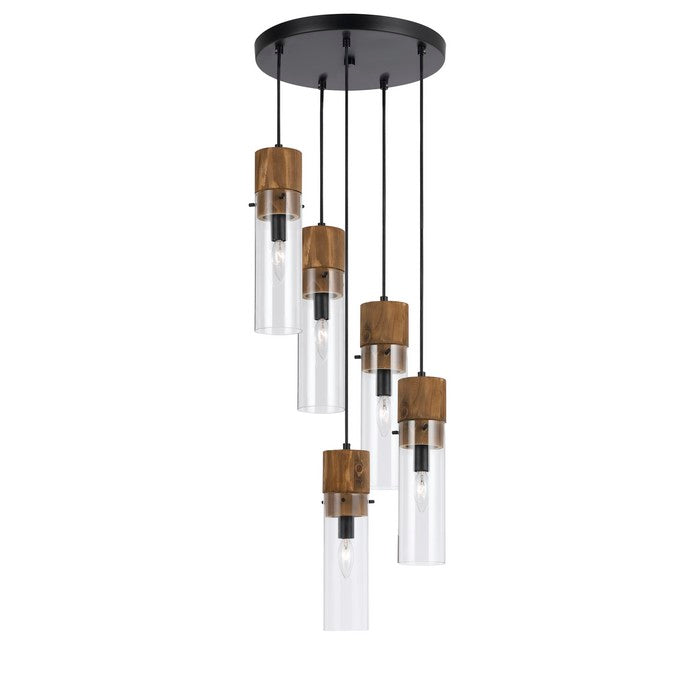 5 Bulb Wind Chime Design Pendant with Cylindrical Glass Shades, Black