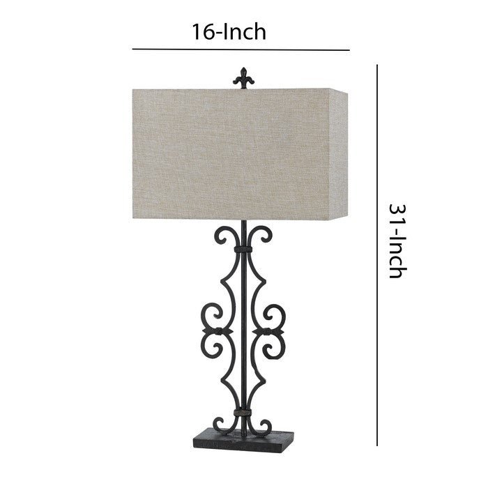 Rectangular Shade Table Lamp with Scrolled Metal Base, Gray and Black