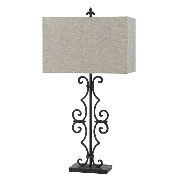 Rectangular Shade Table Lamp with Scrolled Metal Base, Gray and Black