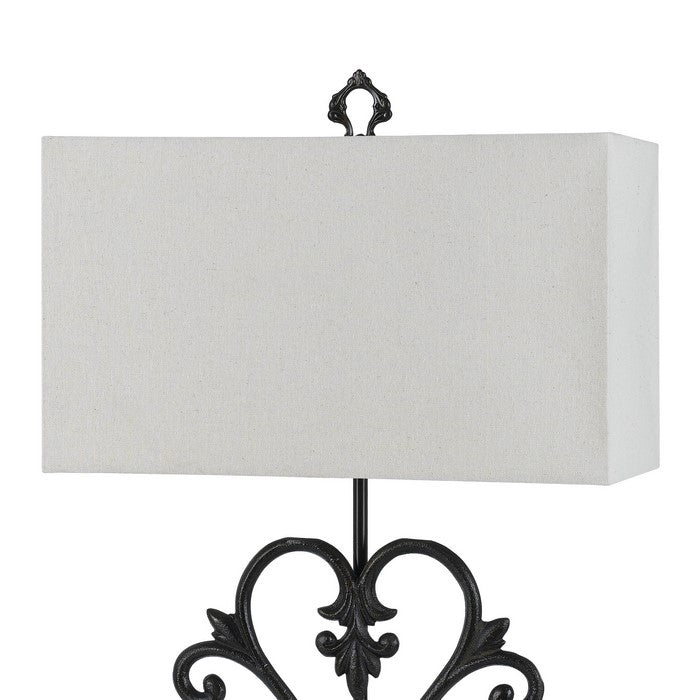 Rectangular Shade Table Lamp with Scrolled Metal Base, Off White and Black