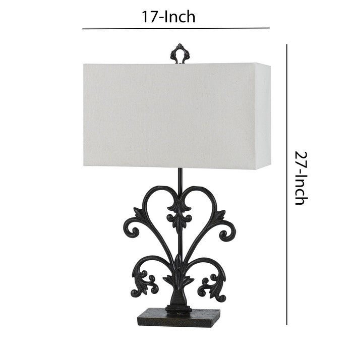 Rectangular Shade Table Lamp with Scrolled Metal Base, Off White and Black