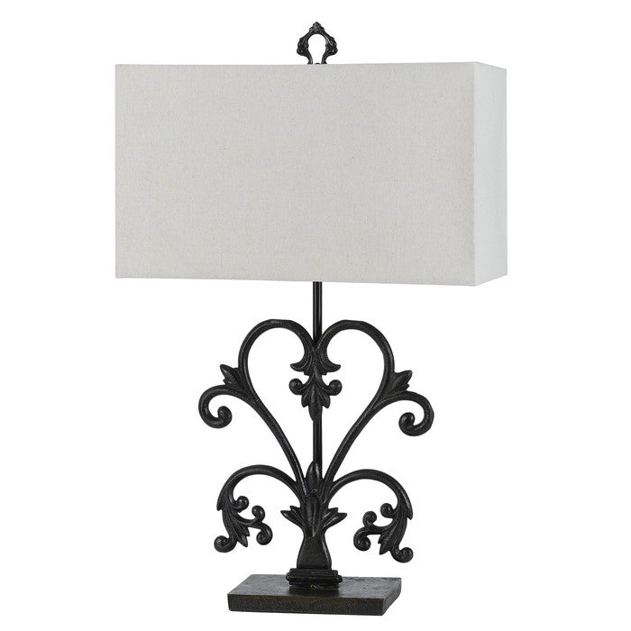 Rectangular Shade Table Lamp with Scrolled Metal Base, Off White and Black