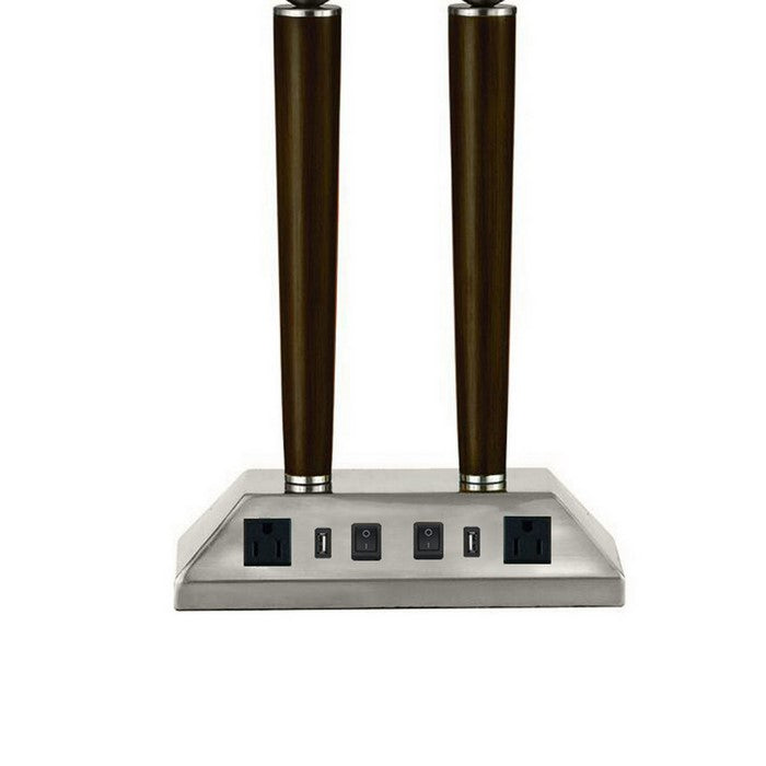 60W x 2 Metal Desk Lamp with Empire Shade and Power Strip, Gray and Brown