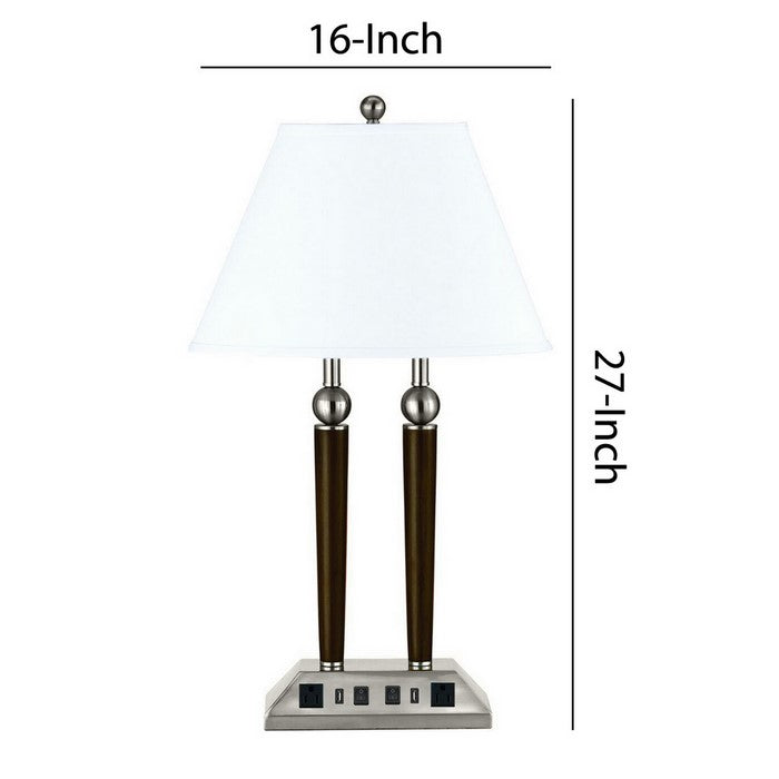 60W x 2 Metal Desk Lamp with Empire Shade and Power Strip, Gray and Brown