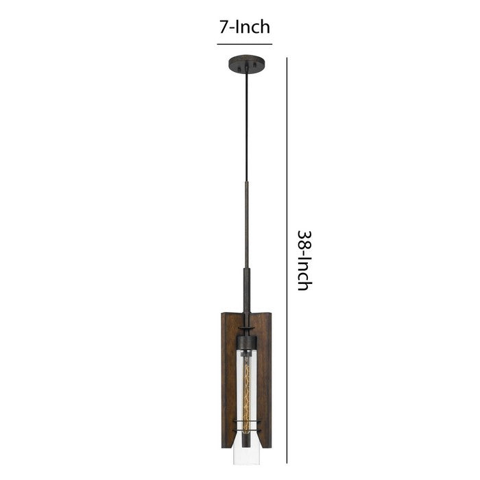 60 Watt Metal Frame Pendant Fixture with Wood and Glass Shade, Brown