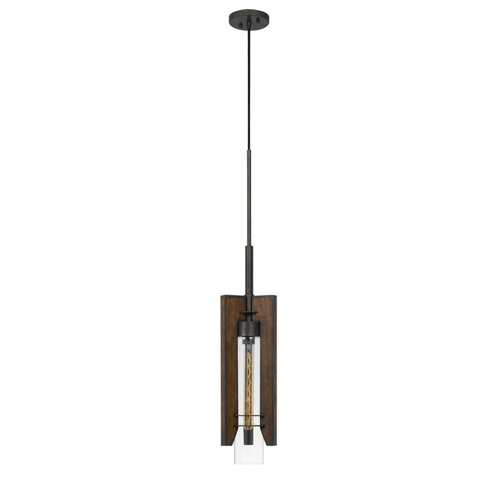 60 Watt Metal Frame Pendant Fixture with Wood and Glass Shade, Brown