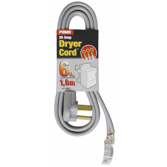 Prime RD100306L 3-Pole 3-Wire SRDT 30A 125/250-Volt Dryer Cord, Gray, 6-Feet