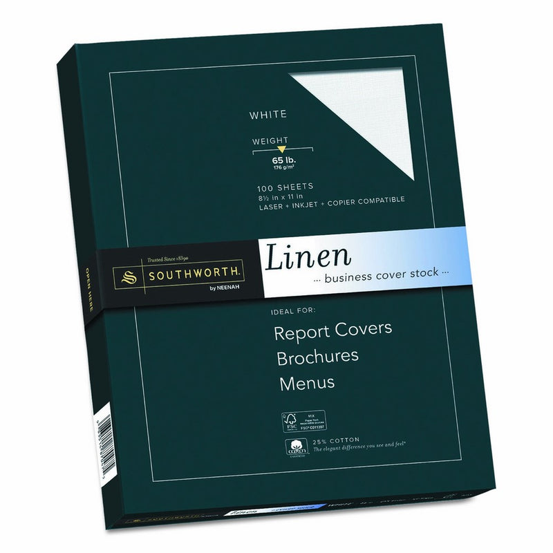 Southworth 25% Cotton Business Coverstock, 8.5" x 11", 65 lb, Linen Finish, White, 100 Sheets (Z550CK)