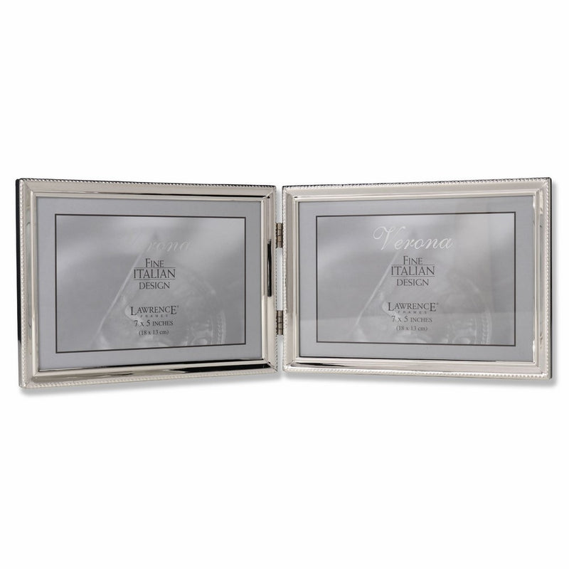 Lawrence Frames Polished Silver Plate 5x7 Hinged Double Horizontal - Bead Border Design