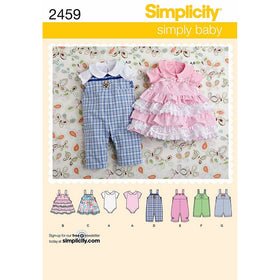 Simplicity Simply Baby Pattern 2459 Babies Romper in Two Lengths, Jumper and Knit Bodysuit, Birth to 24 Pounds or 18 Months
