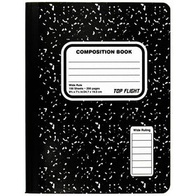 Top Flight Sewn Composition Book, Black and White Marble, Wide Rule, 100 Sheets