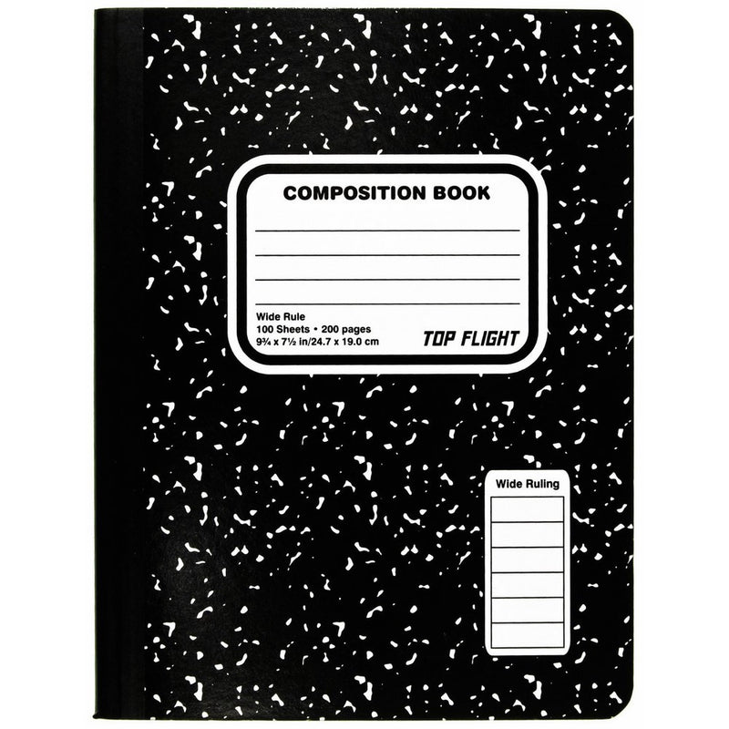 Top Flight Sewn Composition Book, Black and White Marble, Wide Rule, 100 Sheets