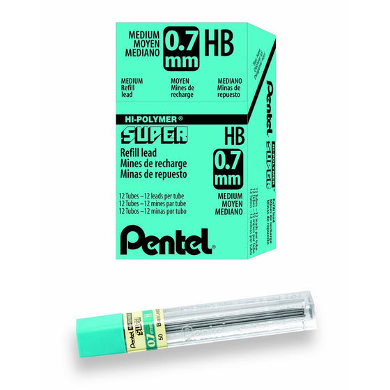 Pentel Super Hi-Polymer Leads, 0.7 mm, HB, Medium, Black, 12 Tubes of Lead (50-HB)