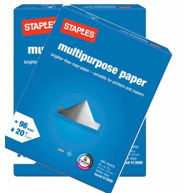 2 Pack: Staples Multipurpose Copy Fax Laser Inkjet Printer Paper, 8 1/2 Inch X 11 Letter Size, 20 Lb., 96 Bright White, Acid Free, Ream, 500 Sheets Each (1,000 Sheets Total)